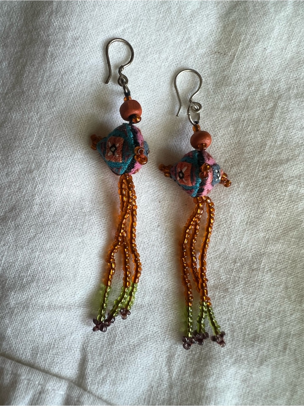 Noonday Handmade Multicolor Fabric Bead & Orange Bead Tassel Earrings